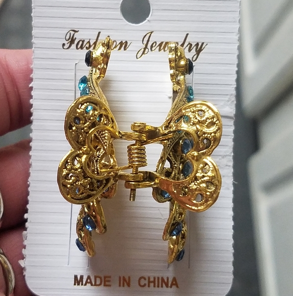 NWT Blue Gems & Gold Enamel Peacock Medium Hair Clip! - Picture 2 of 14